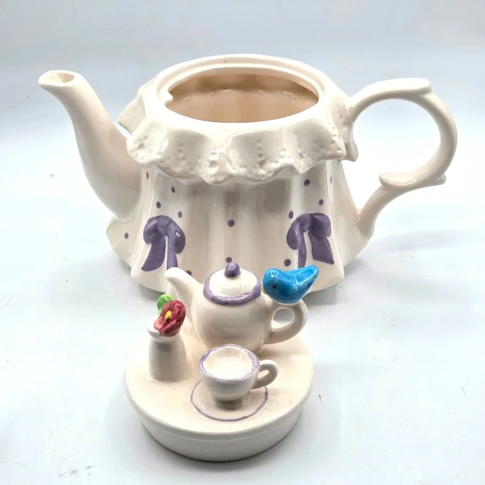 Teleflora Vintage Teapot, Tea Party White, Purple bows & Polkas Dots, Blue Bird